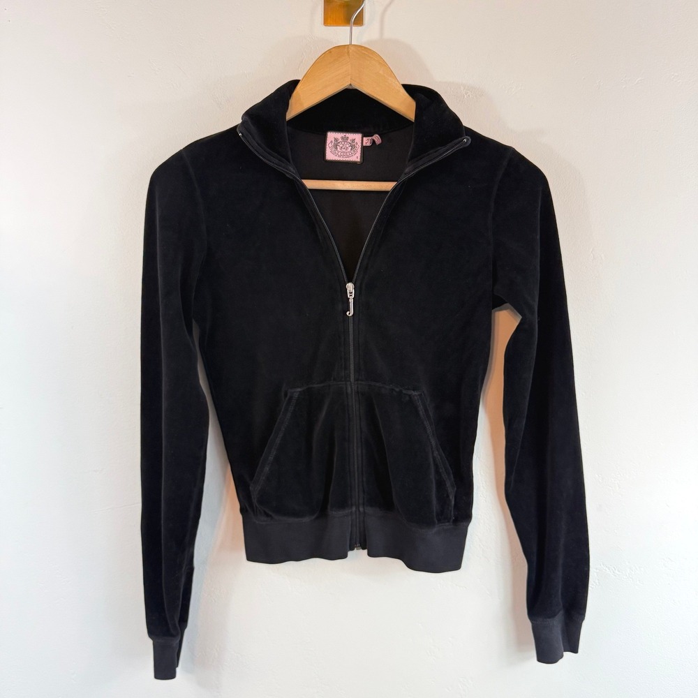 VTG Y2K Juicy Couture Velour Zip Up Hoodie Velvet Track Jacket Black McBling S